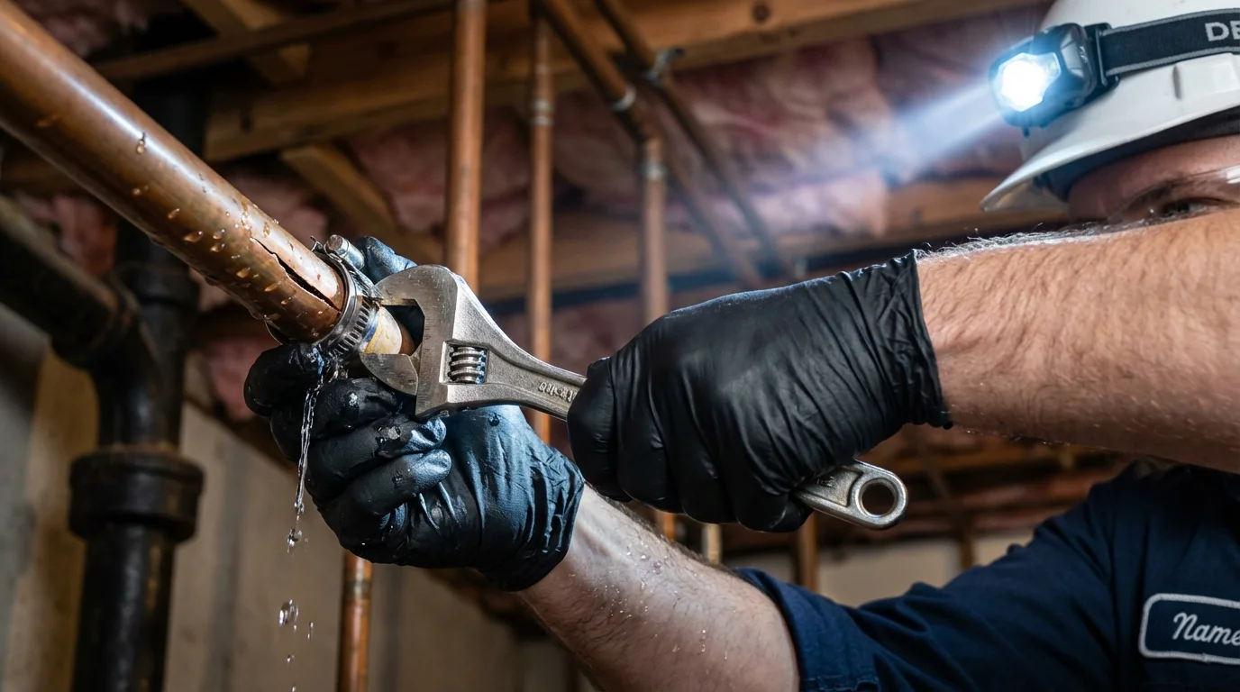 Emergency pipe clamp repair being performed by a Johns Plumbing LLC plumber in Walhalla