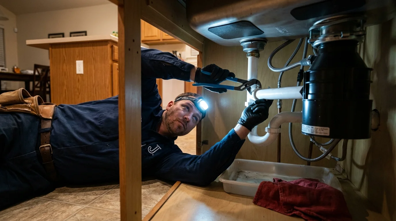 P-trap and supply line connections under a kitchen sink showing a common leak point in Walhalla, SC